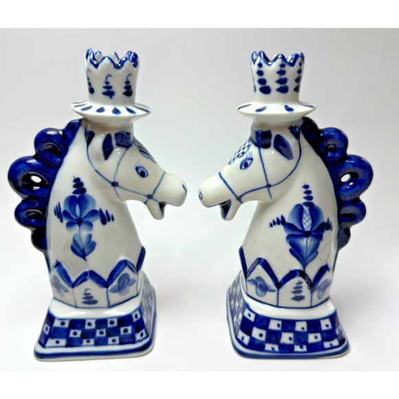 Set Vintage Gzhel Hand Painted Blue & White Porcelain Horse Candlesticks Holders - Picture 1 of 6